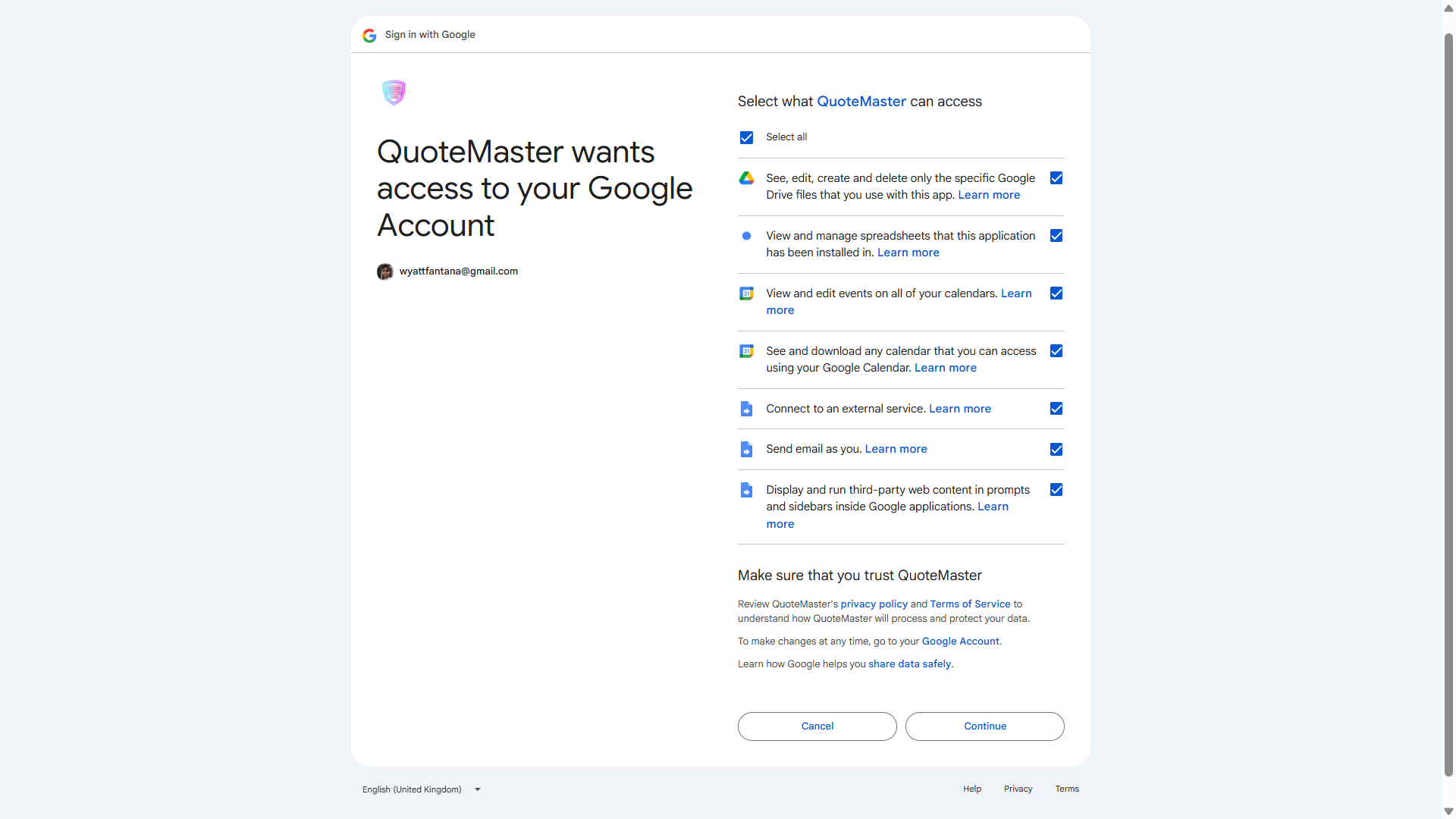 QuoteMaster authorisation screen