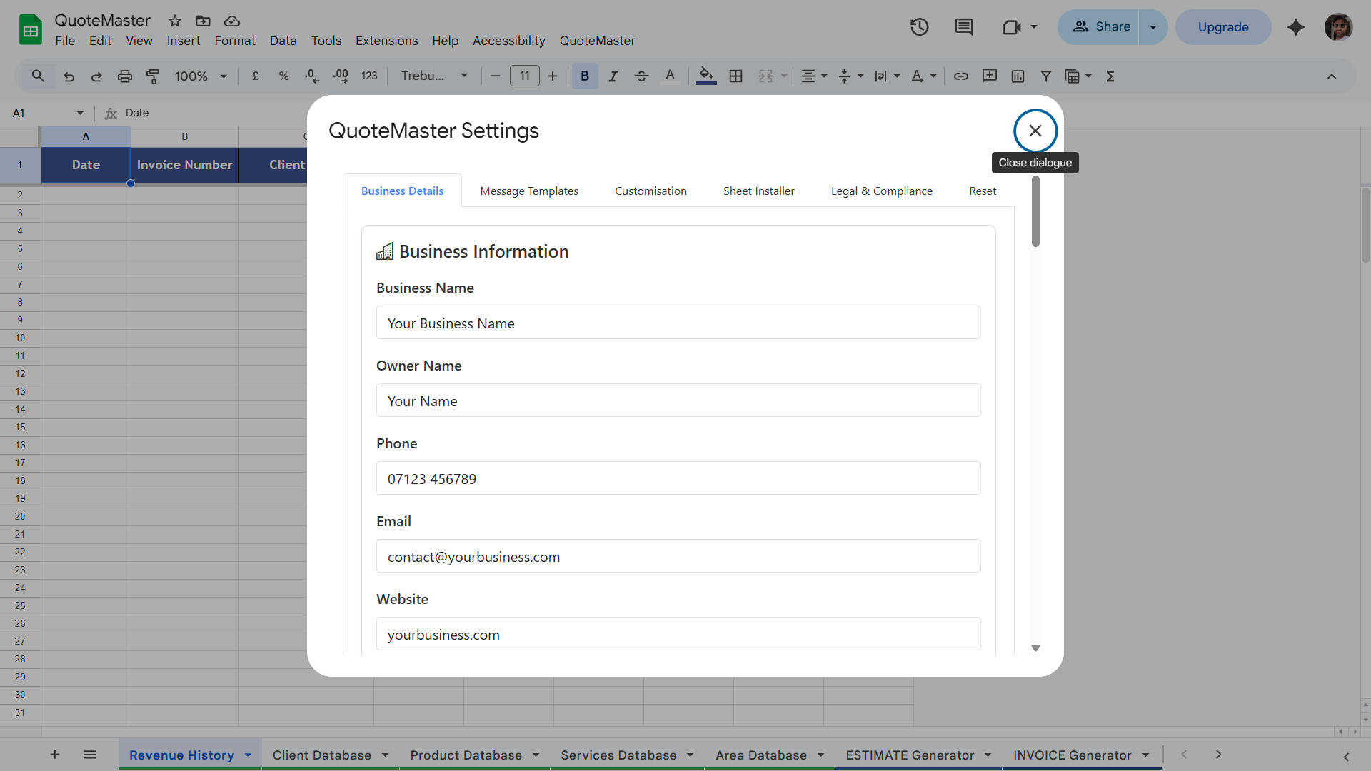 Business Settings tab