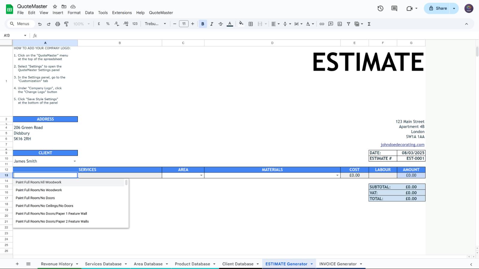 Select service in ESTIMATE generator