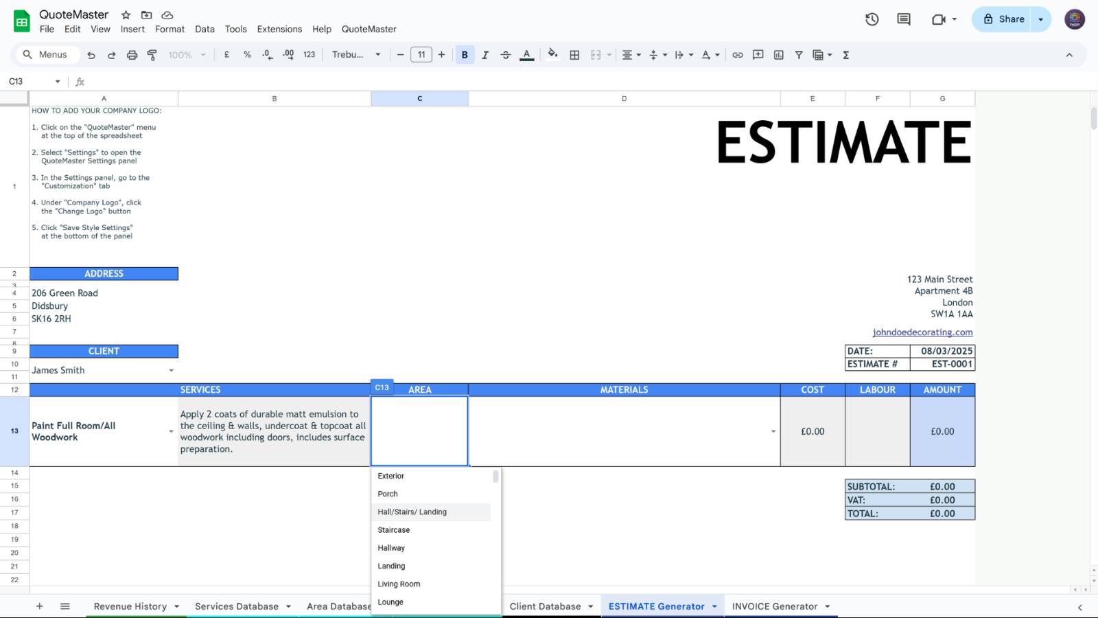 Select area in ESTIMATE generator