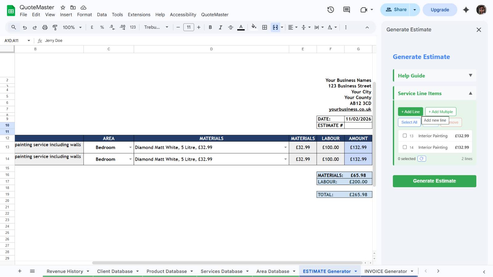 Manage service rows in ESTIMATE generator