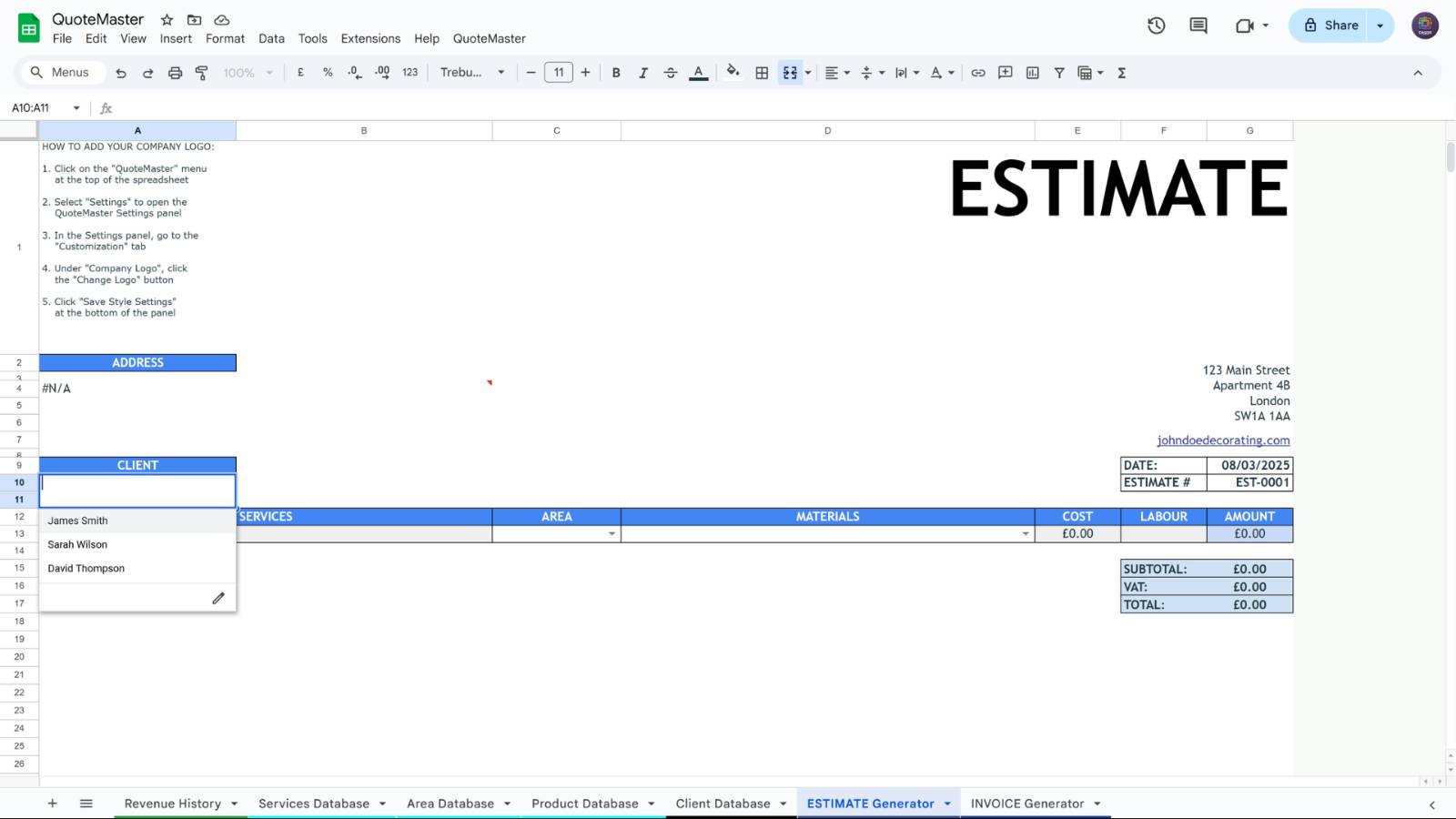 Select client in ESTIMATE generator