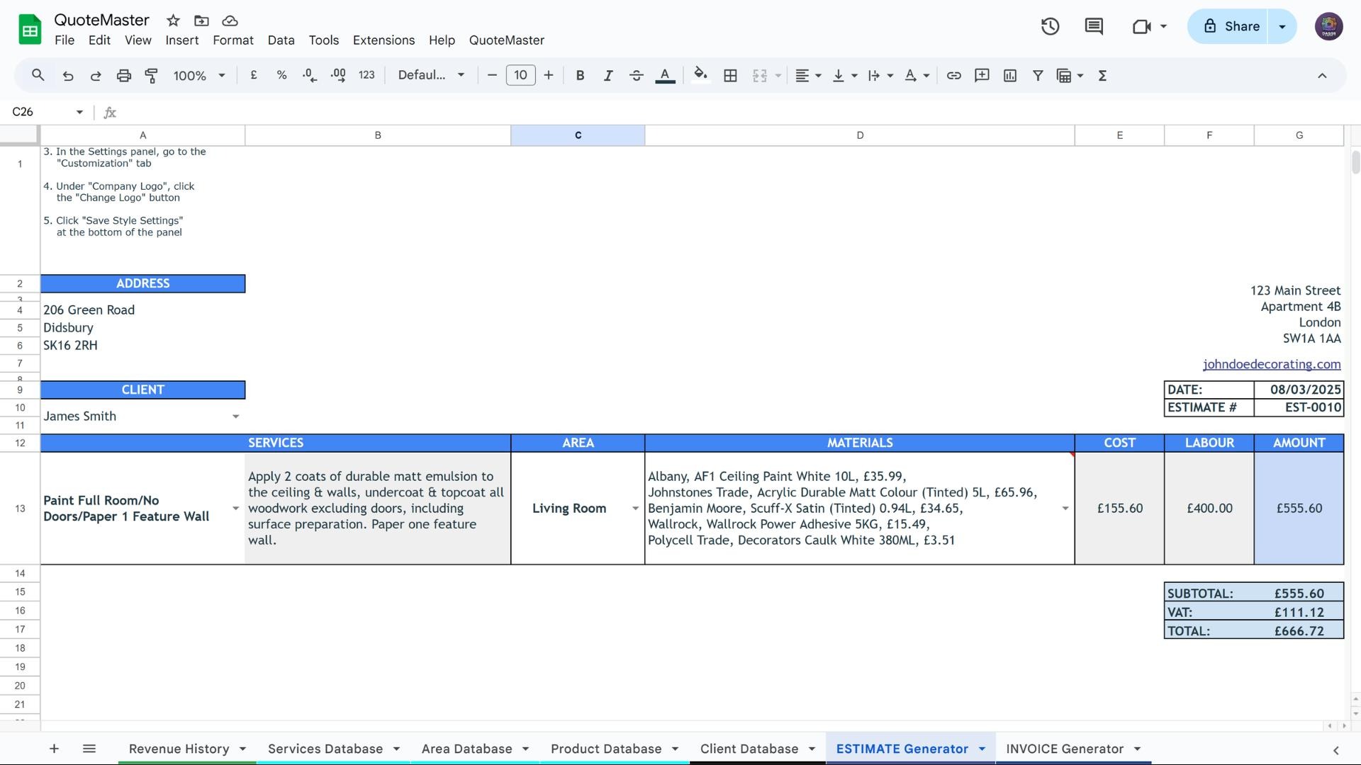 Materials cost calculation