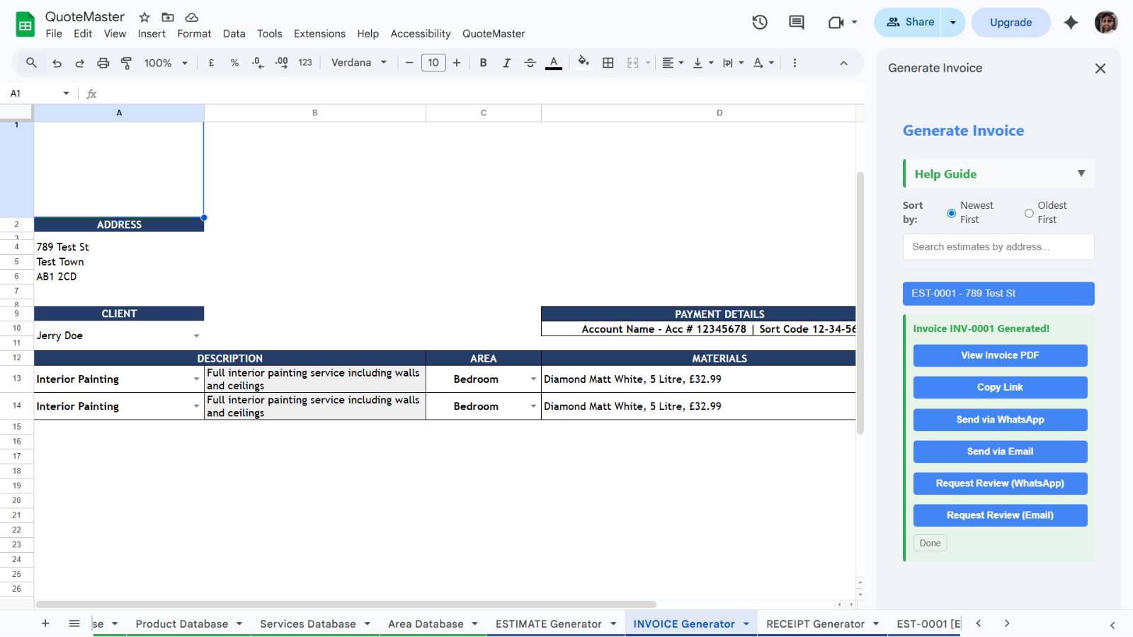 Invoice post-generation options including review request